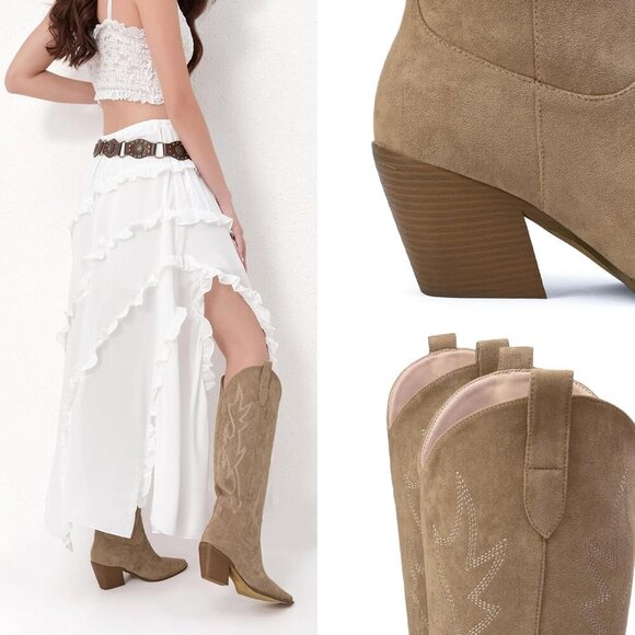 Women Nude Faux Suede Knee High Pointed Toe Block Heel Western Embroidered Boots - Picture 3 of 8